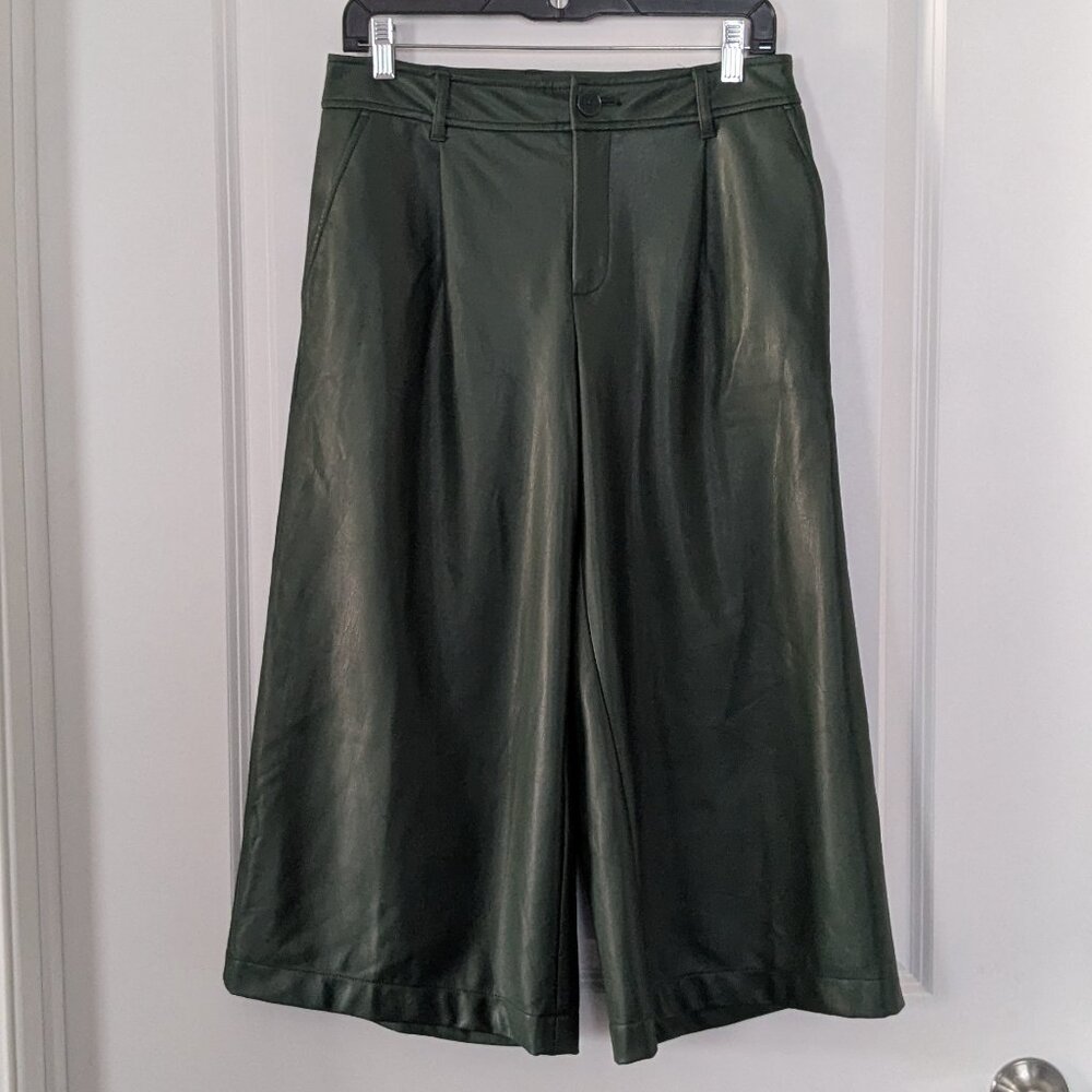 Anthropologie Crop Pants Women's Size 6 Forest Green Culottes Soft Faux Leather - Picture 2 of 13